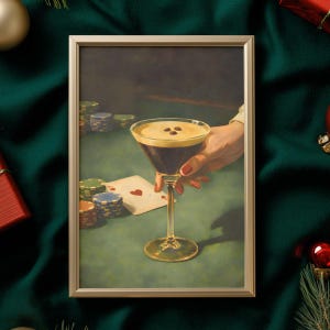 Vertical espresso martini printable wall art in a silver frame over dark green velvet fabric, perfect as a poker gift or gambling wall art present for cocktail lovers and vintage martini fans.