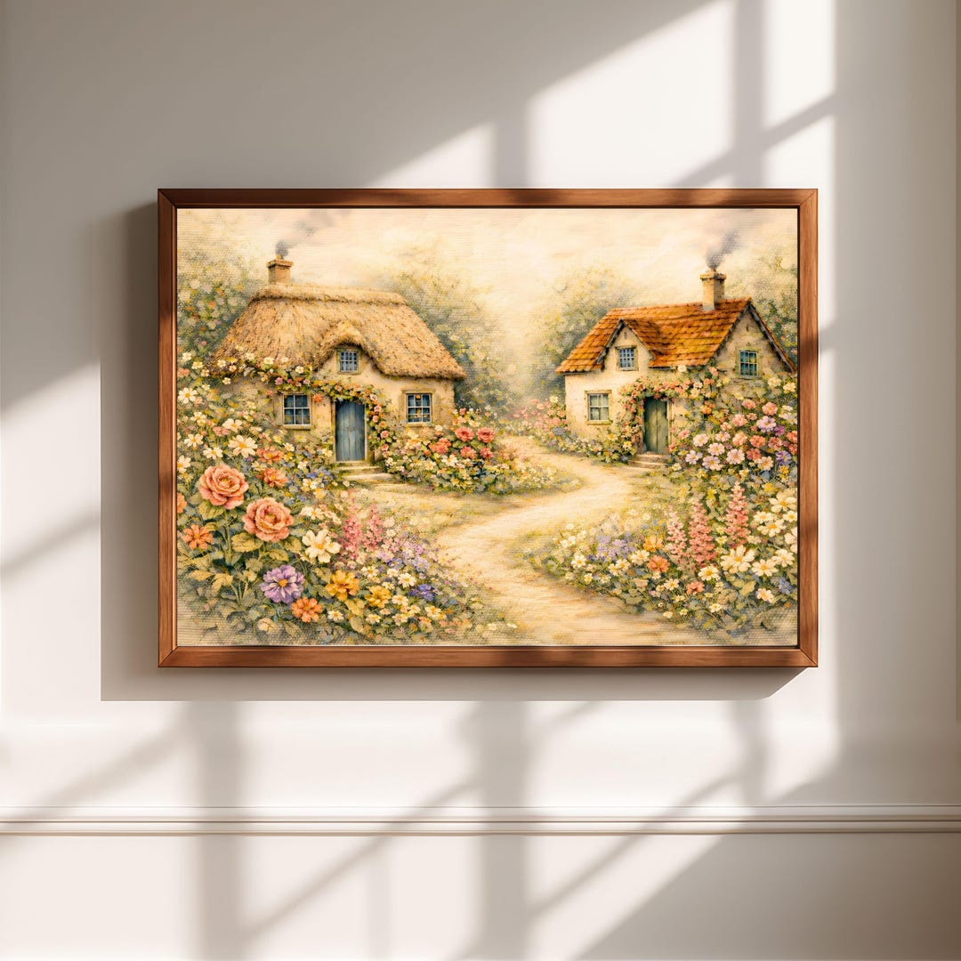 Spring Whimsical Landscape Painting, Cottage Core Garden Print, Rustic ...