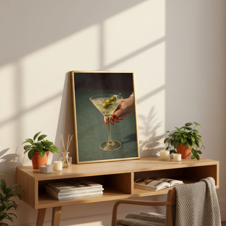 Op de afbeelding: Een ingelijste print met een martini met olijven. De cocktail zit in een klassiek glas, vastgehouden door een hand met rode nagellak. De achtergrond is donkergroen en de lijst is goudkleurig.