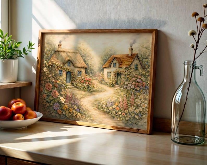 Spring Whimsical Landscape Painting, Cottage Core Garden Print, Rustic ...