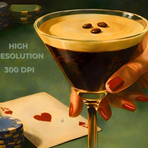 Close-up of the vintage martini print showing the canvas texture of the espresso martini and poker poster, available as a 300 DPI high-resolution digital download for premium quality printable wall art. The image includes playing cards, poker chips, and the text "HIGH RESOLUTION 300 DPI."