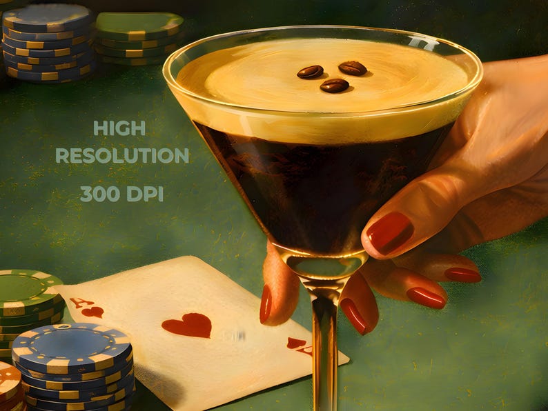 Close-up of the vintage martini print showing the canvas texture of the espresso martini and poker poster, available as a 300 DPI high-resolution digital download for premium quality printable wall art. The image includes playing cards, poker chips, and the text "HIGH RESOLUTION 300 DPI."