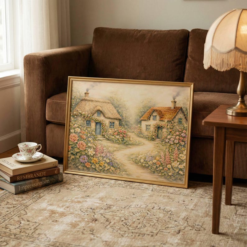 Spring Whimsical Landscape Painting, Cottage Core Garden Print, Rustic ...