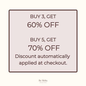 Exclusive bundle discount offer for HomeArtPrintsbyMelo, Etsy shop of digital printable wall art: Buy 3 get 60% off or buy 5 get 70% off. Discount automatically applied at checkout for digital download wall decor collections.