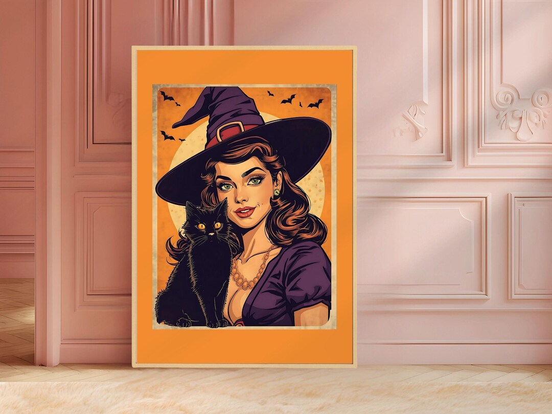 Retro Halloween Witch & Black Cat Poster: Vintage Pin up Wall Art ...