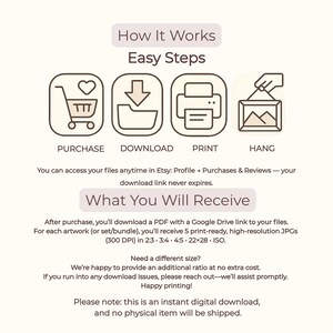 Easy step-by-step instructions for your printable wall art digital download: Purchase, Download, Print, and Hang. After purchase, you will receive a PDF with a Google Drive link to access your high-resolution 300 DPI files.  No physical item will be shipped, ensuring an instant and eco-friendly way to update your apartment and home decor.