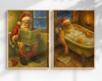 Funny Santa Christmas Bathroom Toilet Humor Wall Art Print Set of 2 (Digital Download)