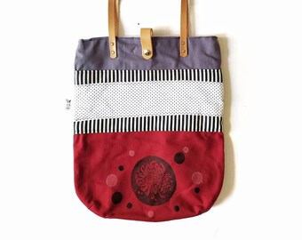 TOTE BAG red,  doubleface handprinted and with leather shoulder handles