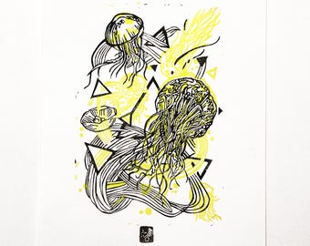 JellyFluo  LINOCUT PRINT (yellow fluo/ black)