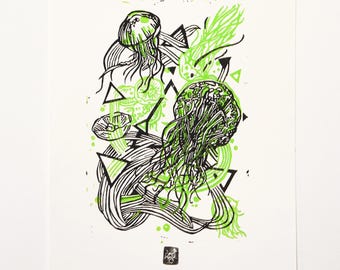 JellyFluo  LINOCUT PRINT (green fluo/ black)