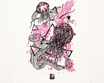 JellyFluo  LINOCUT PRINT (magenta fluo / black)