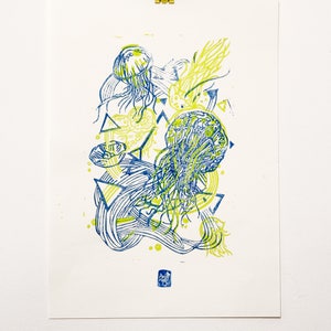 JellyFluo LINOCUT PRINT yellow fluo/ blue 画像 1