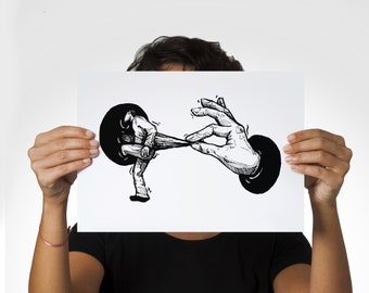May include: A black and white illustration of a hand pulling a person through a hole in a wall. The person is being pulled by a string attached to their waist.
