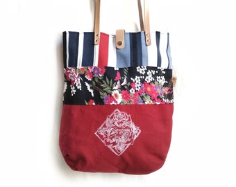 TOTE BAG red,  doubleface handprinted and with leather shoulder handles