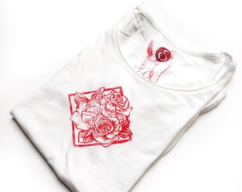 Cotton TEE - handprinted roses