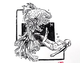 Sternzeichen: Fische- Illustration Print- Linoldruck Fisch