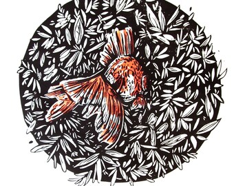 Handgemaakte linoleumsnede van een vis - Originele reliëfillustratie