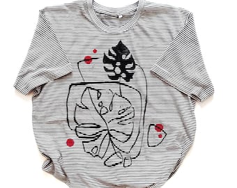 Cotton stripes TEE -monstera leaves