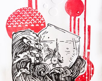 May include: A black and white linocut print depicting a goldfish in a bowl, with decorative red shapes. The print includes the text "Gold" and "20/30". The artist's signature is also visible.