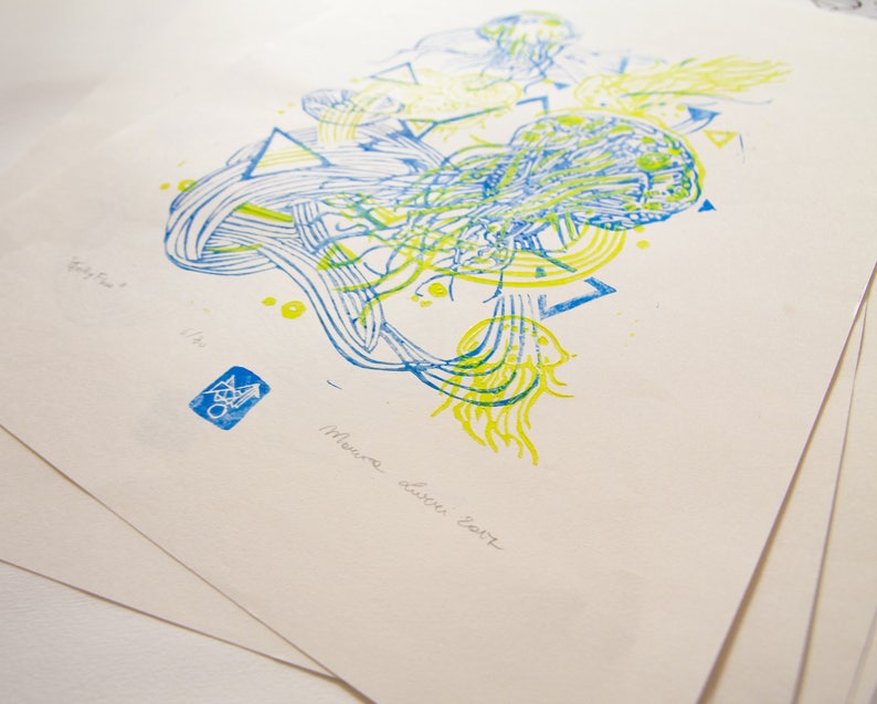 JellyFluo LINOCUT PRINT yellow fluo/ blue 画像 3