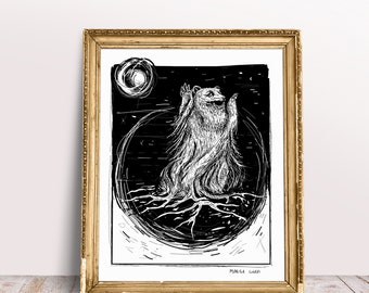 May include: Black and white illustration of a bear standing on its hind legs with its paws raised in the air. The bear is surrounded by a circle of roots and the moon is visible in the background. The image is signed "Marisa Luzzi 2020".