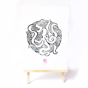 LINOCUT PRINT- giant octopus - artistic print A4- Kraken