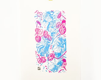 LINOCUT PRINT-  artistic print-illustration "Vertical garden"(version FLUO- magenta/cyan)