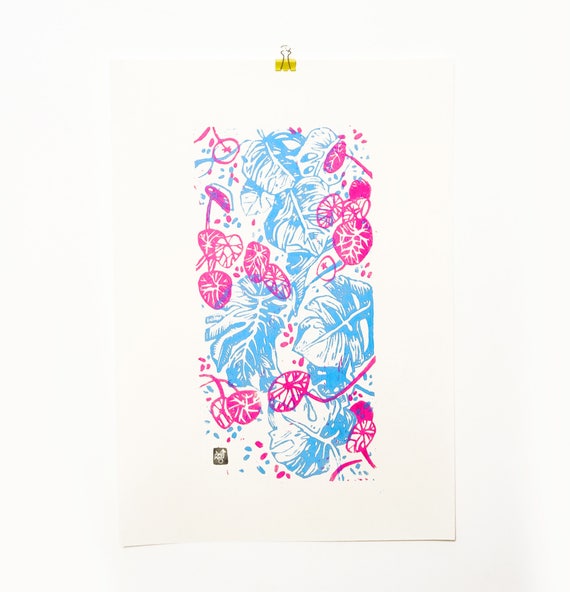 linogravure LINOCUT PRINT artistic print garland of Flowers and word