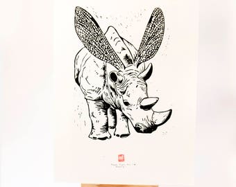 LINOCUT PRINT- Rhinofly