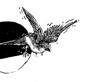 Könnte beinhalten: Eine Schwarzweißillustration eines Vogels im Flug. Der Vogel fliegt aus einem schwarzen Kreis.
