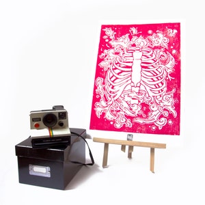 LINOCUT PRINT- anatomical rib cage - red