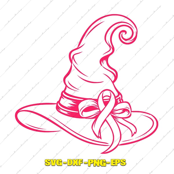 Pink Ribbon Witch Hat Breast Cancer Halloween Svg, Png Digital Files