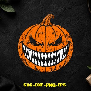 May include: A graphic illustration of an orange pumpkin with a distressed texture, featuring a menacing face with sharp, pointed white teeth, narrow glowing eyes, and a stem on top. The text SVG-DXF-PNG-EPS is printed in yellow at the bottom.