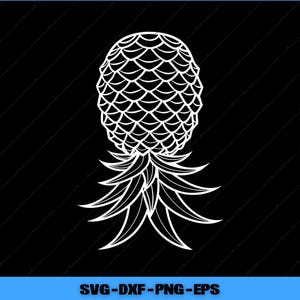 Puede incluir: Ilustración de piña blanca sobre fondo negro. La piña está representada de forma detallada y estilizada, con un cuerpo texturizado y hojas puntiagudas. El texto "SVG-DXF-PNG-EPS" está en la parte inferior.