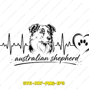 Può includere: Un'illustrazione grafica in bianco e nero con la testa di un cane pastore australiano al centro di una linea del battito cardiaco, che termina con una forma a cuore con un'impronta di zampa e il testo australian shepherd sotto.