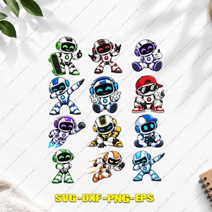 Puede incluir: Una colección digital de doce ilustraciones de robots de dibujos animados con varias poses y esquemas de color, incluyendo robots con patinetas, auriculares y mandos de juego, con el texto SVG-DXF-PNG-EPS mostrado en la parte inferior.