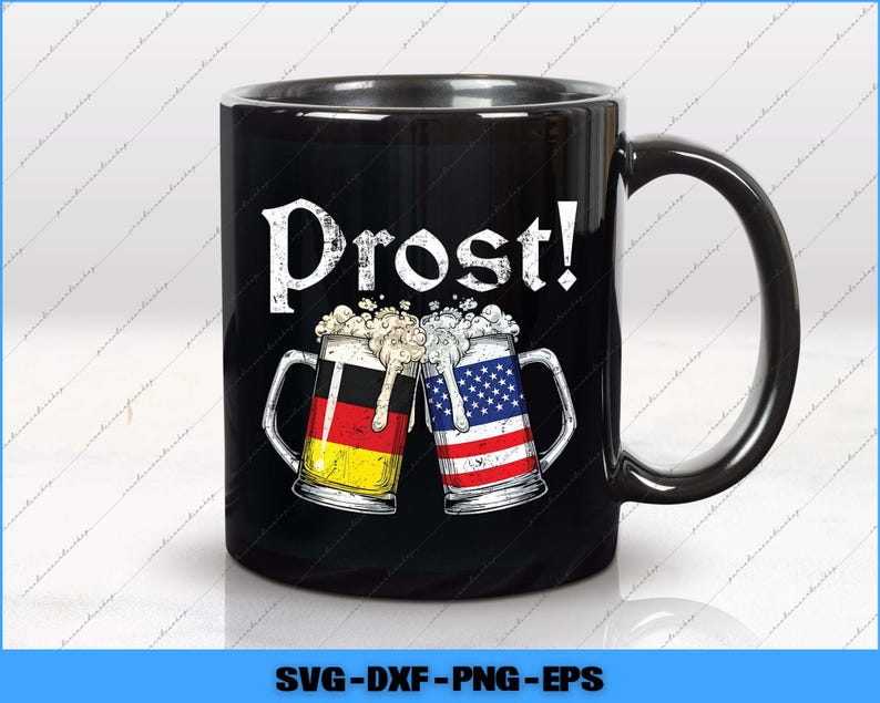 May include: Black ceramic mug with the word "Prost!" in white script. The mug features two beer steins clinking, one with the German flag and the other with the American flag. The steins are filled with foamy beer.