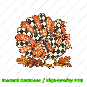 May include: A graphic illustration of a turkey featuring a black and white checkered pattern and orange accents. The turkey wears an orange and white checkered bow around its neck and stands above a cluster of brown oak leaves and two acorns.