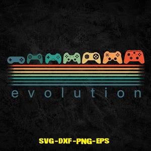 Könnte beinhalten: Ein Grafikdesign mit sieben Videospiel-Controllern, die in einer horizontalen Reihe über einer Reihe von horizontalen Streifen in Orange-, Gelb- und Petroltönen angeordnet sind. Das Wort evolution ist in Kleinbuchstaben unter den Streifen gedruckt.