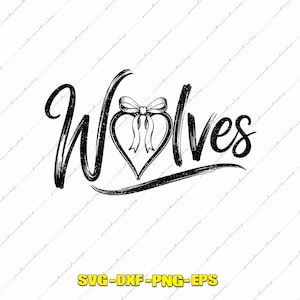 May include: A black graphic design featuring the word WOLVES in a stylized brush script font. The letter O is replaced by a heart shape topped with a decorative bow. The text is displayed against a white background with diagonal watermarks.
