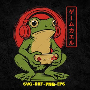 May include: A green frog wearing red headphones and holding a beige video game controller, set against a red circular background. To the right, a vertical red rectangle contains the Japanese text ゲームカエル. The bottom displays SVG-DXF-PNG-EPS.