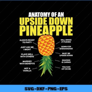Può includere: Grafica nera con un ananas giallo e arancione con foglie verdi. Il testo recita "Anatomia di un ananas capovolto" con descrizioni umoristiche. La parte inferiore dell'immagine ha il testo "SVG-DXF-PNG-EPS".