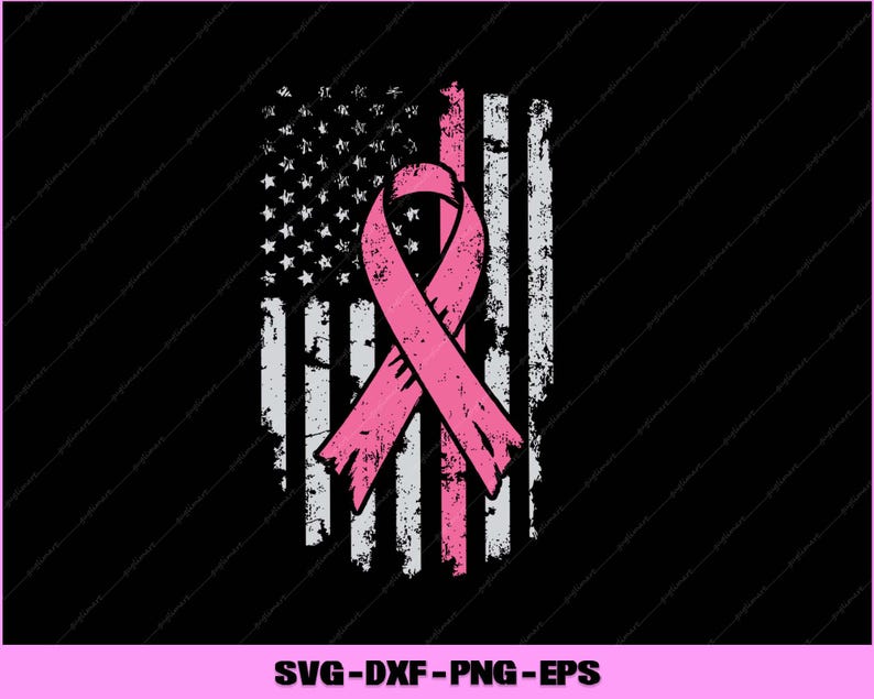 Puede incluir: Un dise&ntilde;o desgastado de la bandera estadounidense con una cinta rosa superpuesta, que simboliza la concienciaci&oacute;n sobre el c&aacute;ncer de mama. La bandera presenta rayas y estrellas blancas, con una cinta rosa en el centro. El fondo es negro.