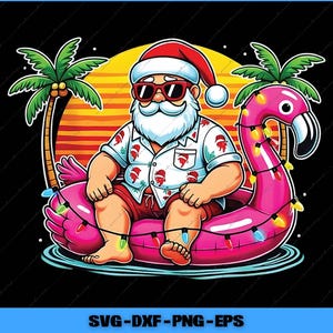May include: Cartoon illustration of Santa Claus wearing sunglasses, a Hawaiian shirt, and red shorts, relaxing on a pink flamingo float in the water. Santa is wearing a red hat and is surrounded by palm trees and a sunset background. The float is decorated with colorful lights.