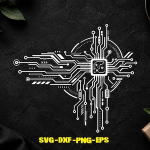 May include: A white digital circuit board graphic design featuring a central square processor chip with intricate lines and nodes extending outward in a geometric pattern. The text SVG-DXF-PNG-EPS is displayed in yellow at the bottom of the image.