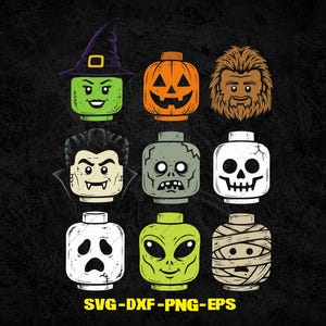 May include: A graphic illustration featuring nine stylized toy figure heads arranged in a grid. The characters include a witch, a jack-o'-lantern, a hairy creature, a vampire, a zombie, a skull, a ghost, an alien, and a mummy. Text reads SVG-DXF-PNG-EPS.