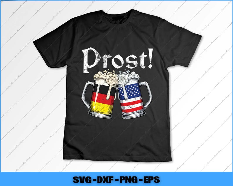 May include: Black t-shirt with the word "Prost!" in white. The design features two beer mugs clinking together, one with the German flag and the other with the American flag. The mugs are filled with beer and foam.