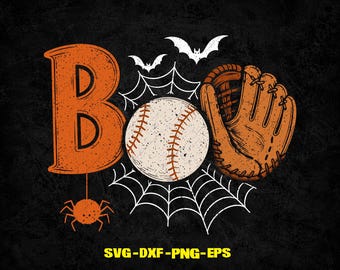 May include: A graphic design featuring the orange letter B, a white baseball, and a brown baseball glove. The design includes white spiderwebs, two white bats, and an orange spider hanging from the letter. Text at the bottom reads SVG-DXF-PNG-EPS.