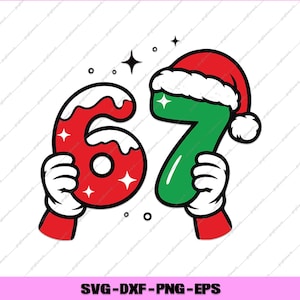 Puede incluir: Gráfico festivo con los números 6 y 7, sostenidos por manos enguantadas. El número 6 es rojo con detalles blancos, mientras que el número 7 es verde y lleva un gorro de Papá Noel. Estrellas y brillos se suman al tema navideño.