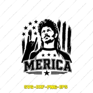 May include: A black and white graphic illustration featuring a person with a mullet hairstyle making a rock and roll hand gesture. The background includes stylised American flag stripes and stars. The text MERICA is printed below the figure.